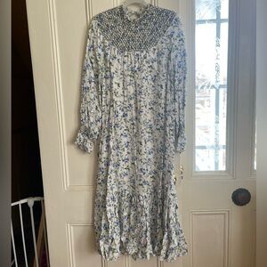 Zara Blue Floral Maxi Dress Smocked Neckline Size Large